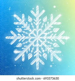 Winter sparkling snowflake on bright background. Xmas shiny detailed snowflake banner. Vector illustration.