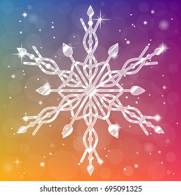 Winter sparkling snowflake on bright background. Xmas shiny detailed snowflake banner. Vector illustration.