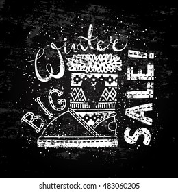 Winter Special banner or label with boot. Business seasonal shopping concept big sale. Stylized drawing chalk on blackboard. Isolated vector illustration.