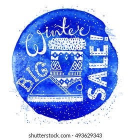 Winter Special banner or label with boot on watercolor background. Business seasonal shopping concept big sale. Isolated vector illustration.