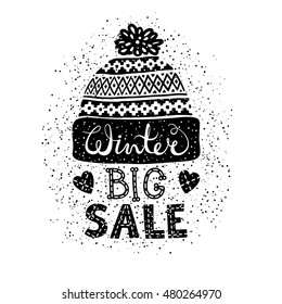 Winter Special banner or label with a knitted woolen cap. Business seasonal shopping concept big sale. Isolated vector illustration.