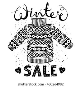 Winter Special banner, label with knitted woolen pullover or sweater. Business seasonal shopping concept sale. Isolated vector illustration.