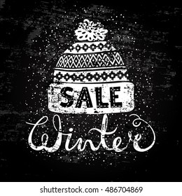 Winter Special banner or label with a knitted woolen cap. Business seasonal shopping concept sale. Stylized drawing chalk on blackboard. Isolated vector illustration.