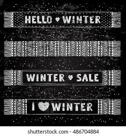 Winter Special banner or label with knitted woolen scarves. Business seasonal shopping concept sale. Stylized drawing chalk on blackboard. Isolated vector illustration.