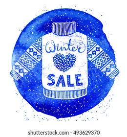 Winter Special banner or label with knitted woolen sweater on watercolor background. Business seasonal shopping concept sale. Isolated vector illustration.