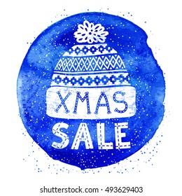 Winter Special banner or label with a knitted woolen cap on watercolor background. Business seasonal shopping concept sale. Isolated vector illustration.