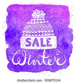 Winter Special banner or label with a knitted woolen cap on watercolor background. Business seasonal shopping concept sale. Isolated vector illustration.