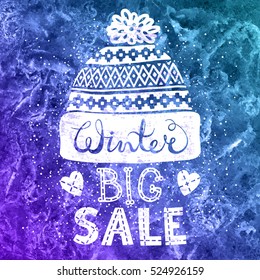 Winter Special banner or label with a knitted woolen cap on watercolor background. Business seasonal shopping concept big sale. Isolated vector illustration.