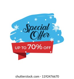Winter Special Offer Banner with Red Ribbon. Up to 70% Off