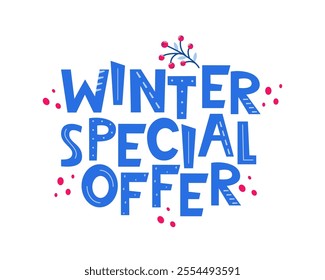 Winter special offer banner text in blue and white colors, business seasonal shopping concept, template. Decorated lettering, typography.
