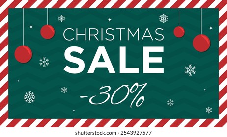 winter special offer, christmas sale, 30% off, green sale offer, xmas balls, business banner for christmas holiday