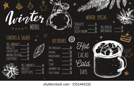 Winter special seasonal  Vector menu chalkboard template, brochure. Merry Christmas and Happy new year hand drawn illustrations, Lettering and calligraphy.  Hot drinks and cacao vintage elements