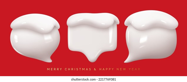 El discurso invernal burbuja con nieve blanca. Color blanco del texto del diálogo de Navidad. Diseño 3d realista moderno. El conjunto está aislado. ilustración vectorial