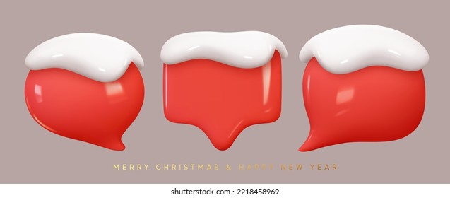 Winter Speech bubbles with white snow. Christmas dialogue bubble text red color. Modern Realistic 3d design. The set is isolated. vector illustration