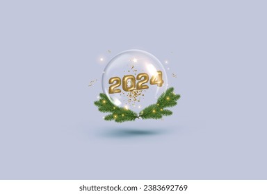 El discurso invernal burbuja con nieve blanca. Texto de burbuja de Navidad 2024 .. Diseño 3d realista moderno. El conjunto está aislado. ilustración vectorial