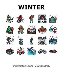 winter spend time icons set vector. snow skiing, snowboarding sledding, ice skating, fireplace cocoa, blankets winter spend time color line illustrations