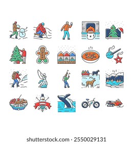 winter spend time icons set vector. snow skiing, snowboarding sledding, ice skating, fireplace cocoa, blankets winter spend time color line illustrations