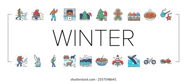 winter spend time icons set vector. snow skiing, snowboarding sledding, ice skating, fireplace cocoa, blankets winter spend time color line illustrations