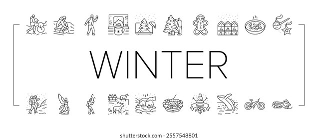 winter spend time icons set vector. snow skiing, snowboarding sledding, ice skating, fireplace cocoa, blankets winter spend time black contour illustrations