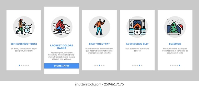 winter spend time onboarding mobile vector snow skiing, snowboarding sledding, ice skating, fireplace cocoa, blankets winter spend time illustrations