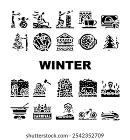 Winter verbringen Zeit Schnee Ski Icons Set Vektor. Kamin Kakao, Rodeln Winterschlaf, Frost gemütlich, Urlaub, Eis, Pullover, Kabine Winter verbringen Zeit Schnee Ski-Symbol Piktogramm Illustrationen