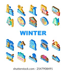 Winter verbringen Zeit Schnee Ski Icons Set Vektor. Kamin Kakao, Schlitten Winterschlaf, Frost gemütlich, Urlaub, Eis, Pullover, Kabine Winter verbringen Zeit Schnee Ski isometrische Zeichen Illustrationen