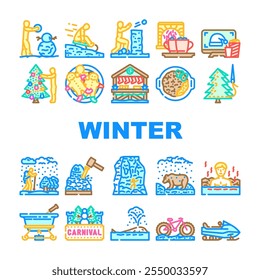 Winter verbringen Zeit Schnee Ski Icons Set Vektor. Kamin Kakao, Schlitten Winterschlaf, Frost gemütlich, Urlaub, Eis, Pullover, Kabine Winter verbringen Zeit Schnee Ski Farbe Linie Illustrationen