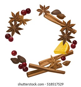 Winter spice. Decorative vector illustration for your design. Isolated orange, cranberry, cinnamon, star anise, cardamom and nutmeg wreath on white background.