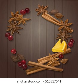 Winter spice. Decorative vector illustration for your design. Isolated orange, cranberry, cinnamon, star anise, cardamom and nutmeg wreath on wooden background.