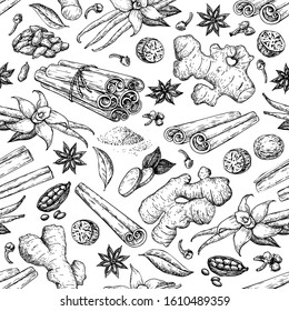 Winter spice seamless pattern, vector drawing. Flavoring seeds and herbs for christmas food and drinks. Set with cinnamon, vanilla, star anise, ginger, nutmeg and other. Mulled wine ingredients sketch