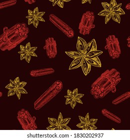 Winter spice seamless pattern, vector drawing. Flavoring seeds and herbs for christmas food and drinks on brown