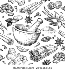 Especiarias de inverno padrão sem emenda, desenho vetorial. Sementes e ervas aromatizantes para alimentos e bebidas de Natal. Conjunto com canela, baunilha, anis estrelado, gengibre, noz-moscada e outros. Esboço de ingredientes de vinho triturado