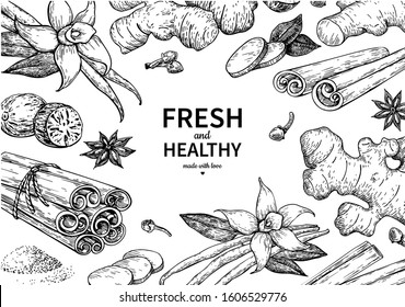 Winter spice vector drawing template. Border with flavoring seeds and herbs for christmas food and drinks. Set with cinnamon, vanilla, star anise, ginger, nutmeg. Mulled wine ingredients sketch.