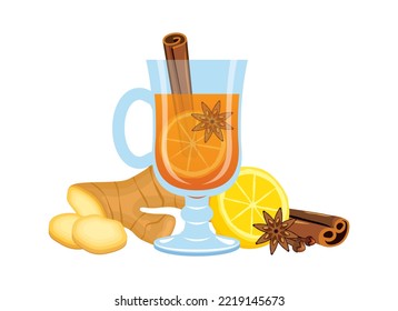 Winter Spiced Hot Mulled Drink Still Life Icon Vector. Hot Healthy Drink With Ginger, Lemon, Cinnamon, Star Anise And Clove Vector. Glass Of Mulled Wine Icon Isolated On A White Background