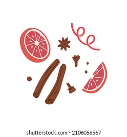 Winter spices composition. Cinnamon sticks, cloves, orange fruit slices and zest. Ingredients for Christmas mulled wine. Aroma seasonings. Colored flat vector illustration isolated on white background
