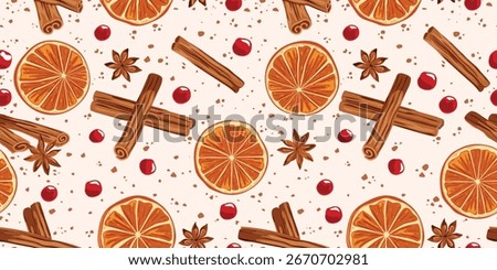Winter Spices Seamless Pattern - Orange Slices, Cinnamon, Star Anise and Cranberries. Hand-drawn Vector Background