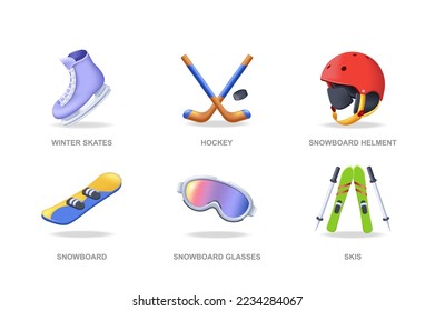 Iconos 3D del deporte invernal en diseño moderno. Empaquetar elementos aislados