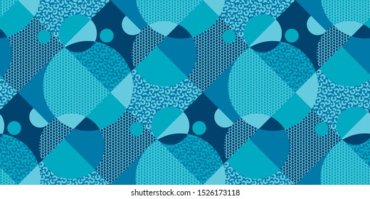 Winter sport abstract blue geometric seamless pattern. Decorative textured circle and triangles rapport for background, wrap, fabric, textile, wrap, surface, web and print design.
