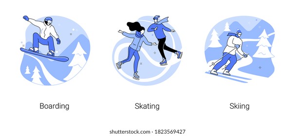 Juego de ilustraciones vectoriales abstractas del deporte invernal. Snowboard, patinaje y esquí, vacaciones en montaña, deportes extremos, jinete, pista de patinaje, pista de hielo, estilo de vida activo, metáfora abstracta de diversión familiar.