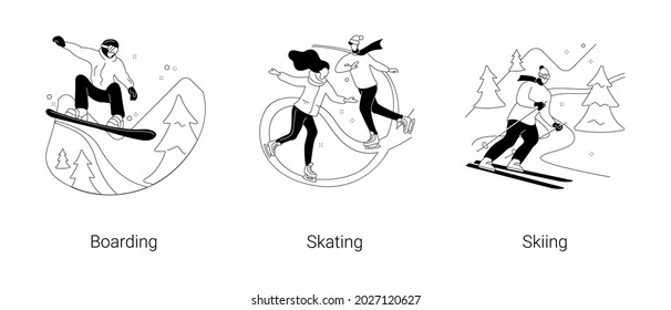 Winter sport abstract concept vector illustration set. Snowboarding, skating and skiing, mountain holiday, extreme sports, freestyle rider, ice rink, active lifestyle, family fun abstract metaphor.