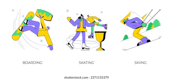 Winter sport abstract concept vector illustration set. Snowboarding, skating and skiing, mountain holiday, extreme sports, freestyle rider, ice rink, active lifestyle, family fun abstract metaphor.