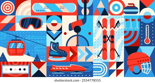 Winter sport abstract geometric pattern background. Vector modern, stylish tile showcasing winter sports equipment, including skis, helmets, goggles and hockey sticks, with clean lines and bold shapes