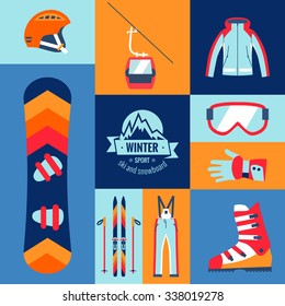 Winter sport accessories. Vector background design in flat style.
