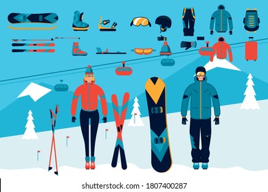 Winter sport accessory. Skiing, snowboarding snow activity vector sport accessory set on mountain ropeway illustration. Winter clothes, helmet, goggles, mittens, sticks, ski, snowboard for man woman