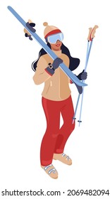 Winter Sport And Active Rest. Young Adult Woman In Ski Wear At A Ski Resort. Trendy Hand Drawn Cartoon Vector Flat Illustration Isolate On White Background.