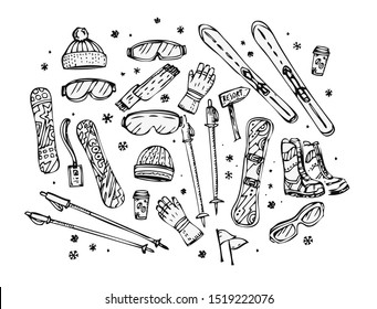 Winter Sport Active Wear. Snowboard, Ski, Skates, Snowflakes. Hand drawn vector sketch.