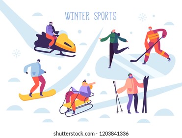 Winter Sport Activities with Characters. People Outdoor Skier, Snowboarder, Ice Skater, Hockey. Vector illustration