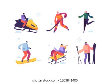 Winter Sport Activities with Characters. People Outdoor Skier, Snowboarder, Ice Skater, Hockey. Vector illustration