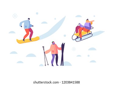 Winter Sport Activities with Characters. People Outdoor Skier, Snowboarder, Ice Skater, Hockey. Vector illustration