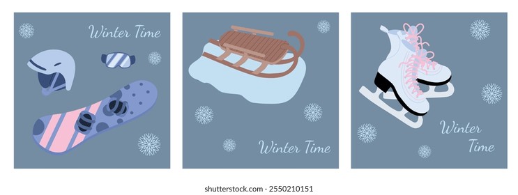 Winter sport activities for children snowboarding, sledge racing and figure skating. Hand drawn vector illustration in flat style. Wooden sledge on snow, helmet, snowboard, glasses, stick puck, skates